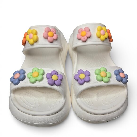 Croc White Chunky Platform Sandals Women Flower Gibbitz Charms W9 - Picture 2 of 10